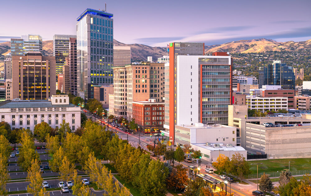 Downtown Salt Lake City skyline at sunset, home to many of the biggest companies in Utah