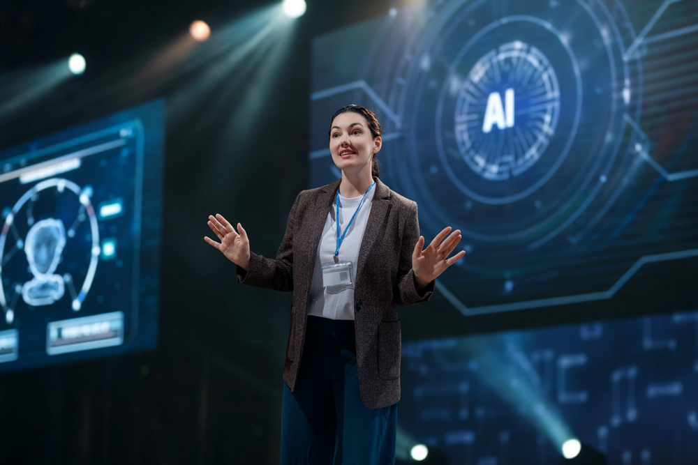 A female tech expert presenting on AI advancements. Showcasing the vital role of women and technology in future innovation.