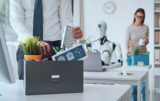 A terminated employee packing an office box while a robot operates in the background, a stark conceptual symbol of corporate ai job loss.